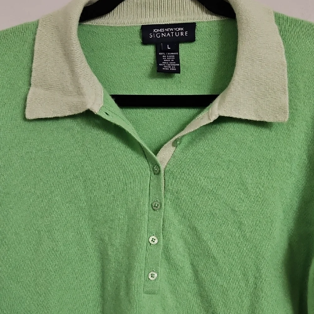 Jones New York Signature 100% Cashmere Lime Green Polo Sweater Large